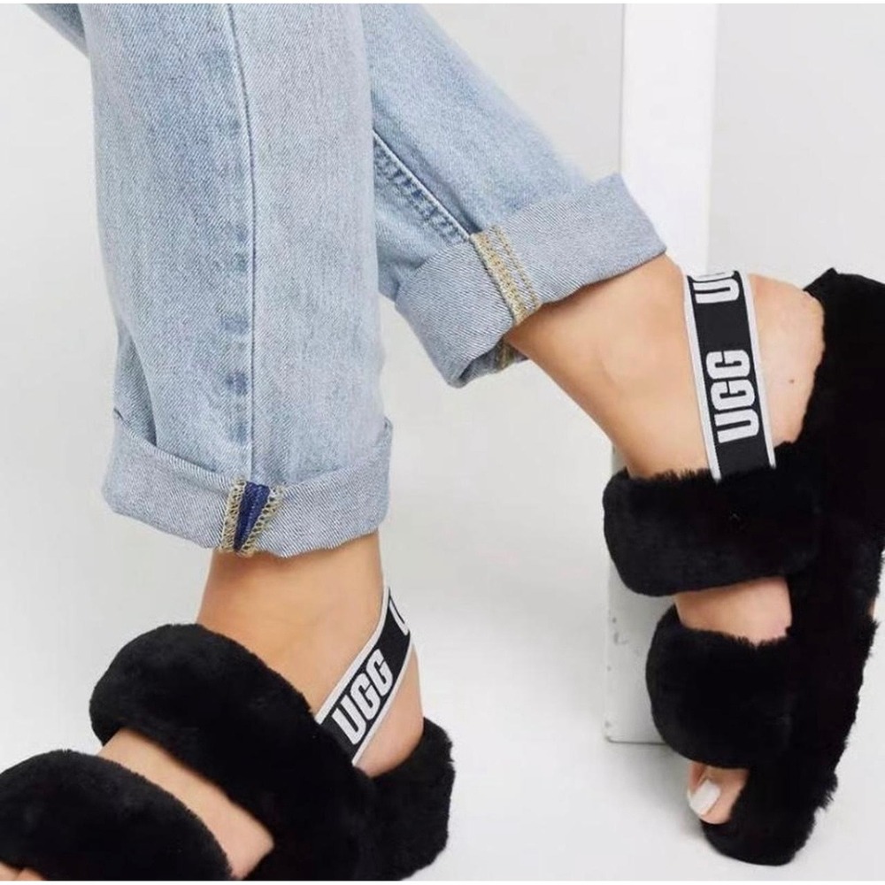 UGG Fluff Yeah Slide Black Sheepskin Platform‎ Slipper 1095119 Womens 8